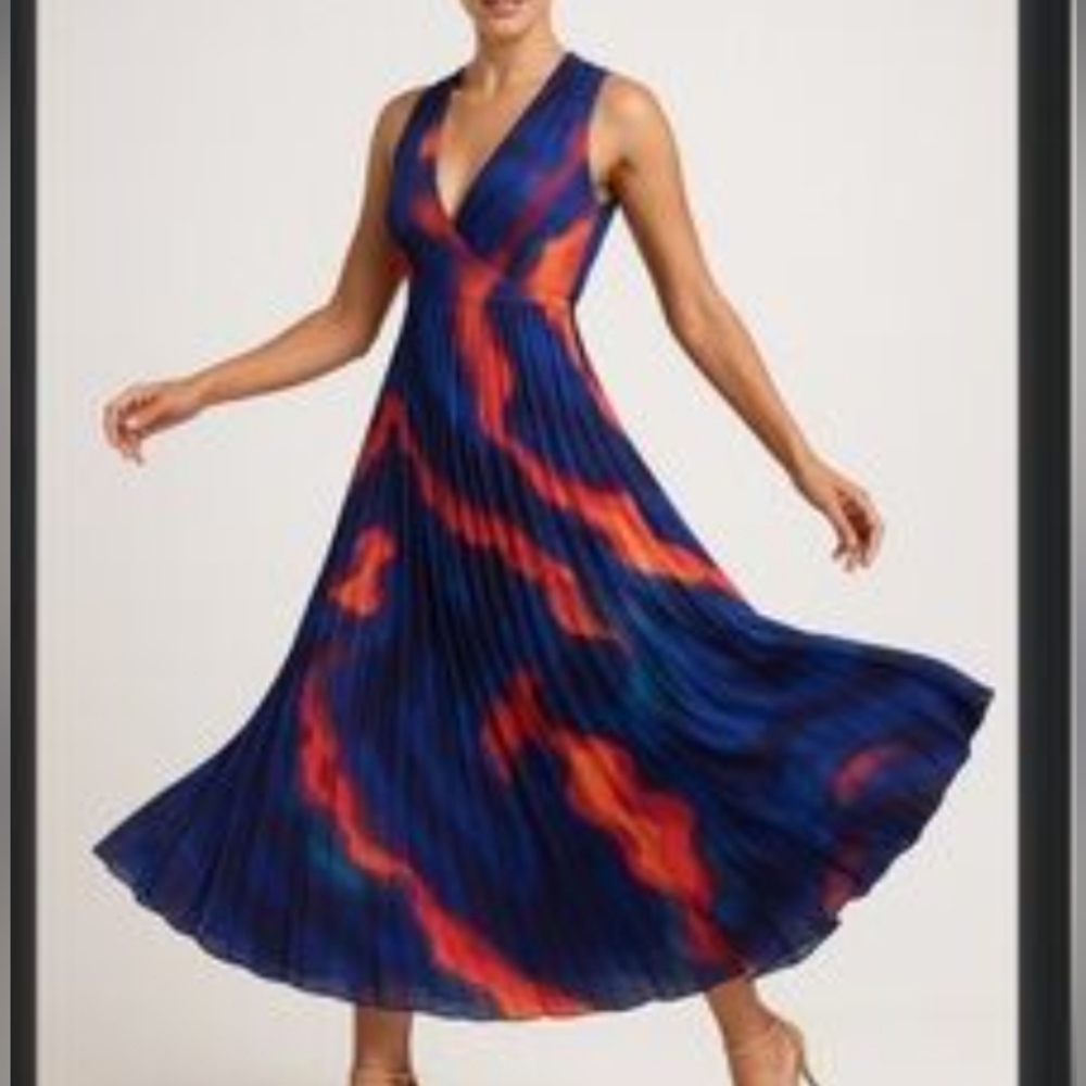 Nicole‎ Miller Abstract Print Midi Pleated Gown 6